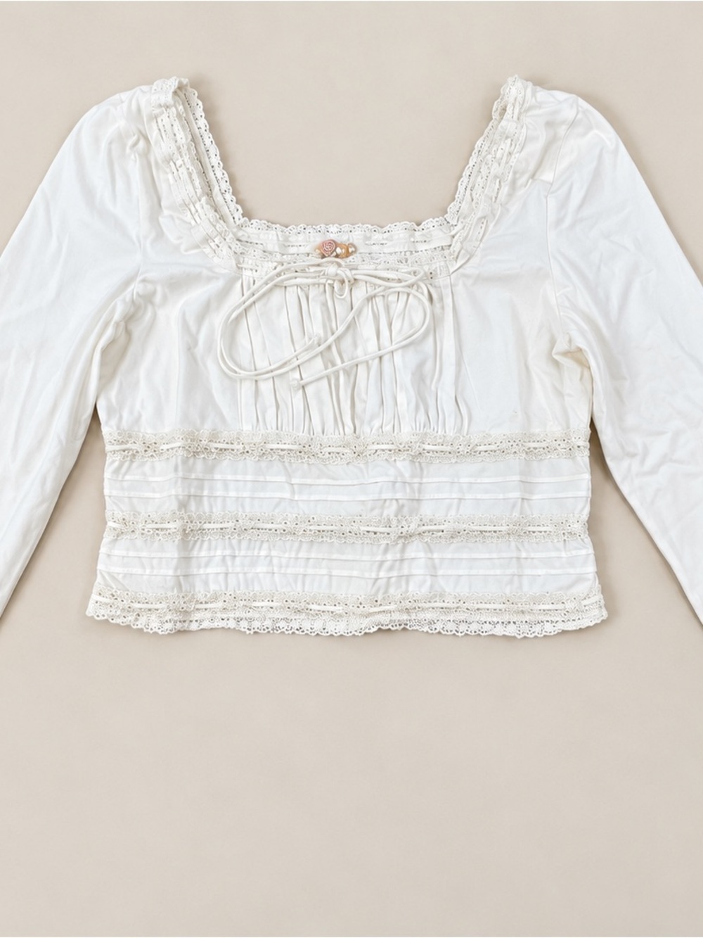 Free People White Lace-Trim Long Sleeve Peasant Crop Top